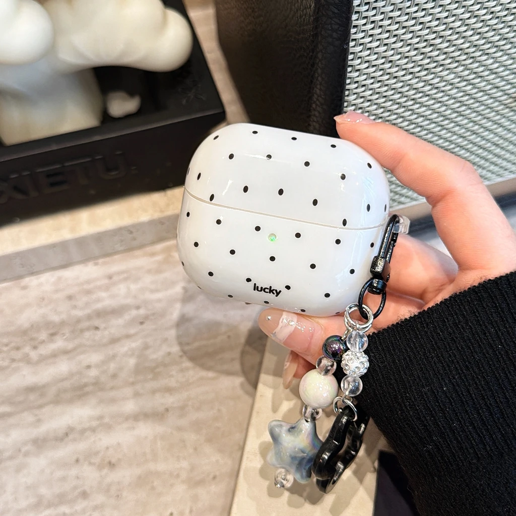 Minimalist Black White Polka Dot With Star Pendant Earphone Cover Case for Samsung Galaxy Buds 4 Pro 3 Pro 2 Pro FE Live