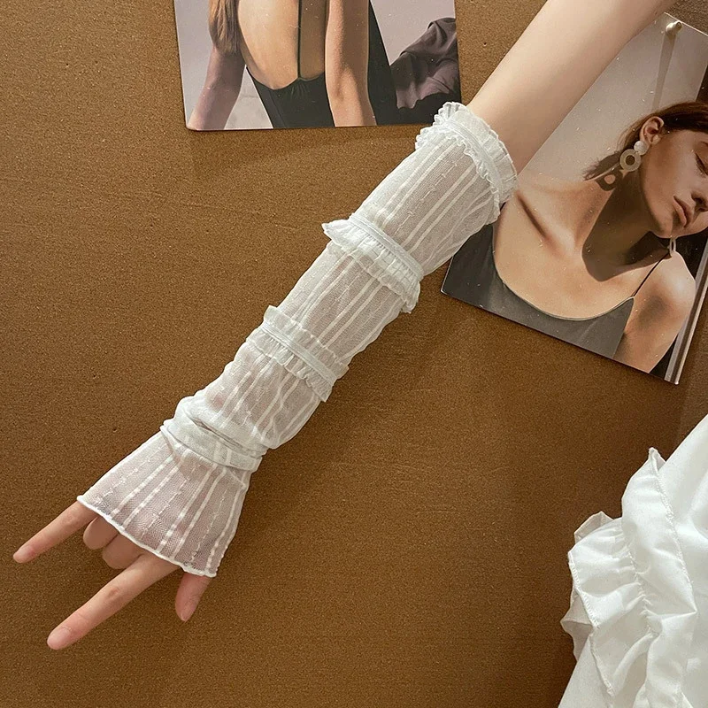 Manicure display tiro fundo menina rendas finas mangas de braço longo oco para fora luvas sem dedos para fotografia e unhas
