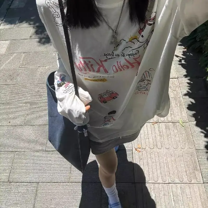 Sanrio Kawaii Hello Kitty Basisshirt met lange mouwen Anime Cartoon Schattig Zacht Comfortabel Casual Veelzijdig Los Katoenen Meisjestop