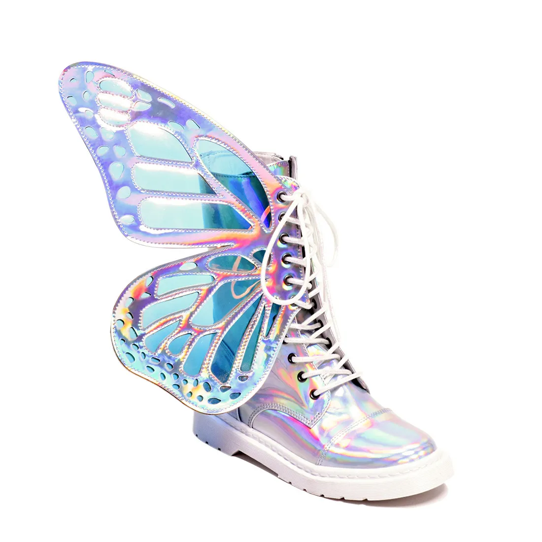Women Holographic Butterfly Wing Decor Short Boots Round Toe Lace Up Side Zipper Glitter Punk Cosplay Festival Shoes Size 44