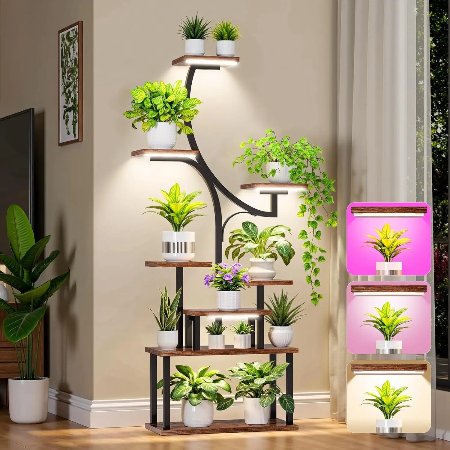 

[2026 New Upgraded] Plant Stand Indoor with 4 Grow Lights & 3 Colors, 8 Tiered Corner Plant Shelf, 63' Tall Plant Stands