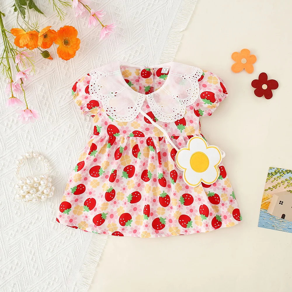 Baby Girl Summer Cotton Strawberry Print Lapel Dress Girl Cute Fashion Party Dress With Bag