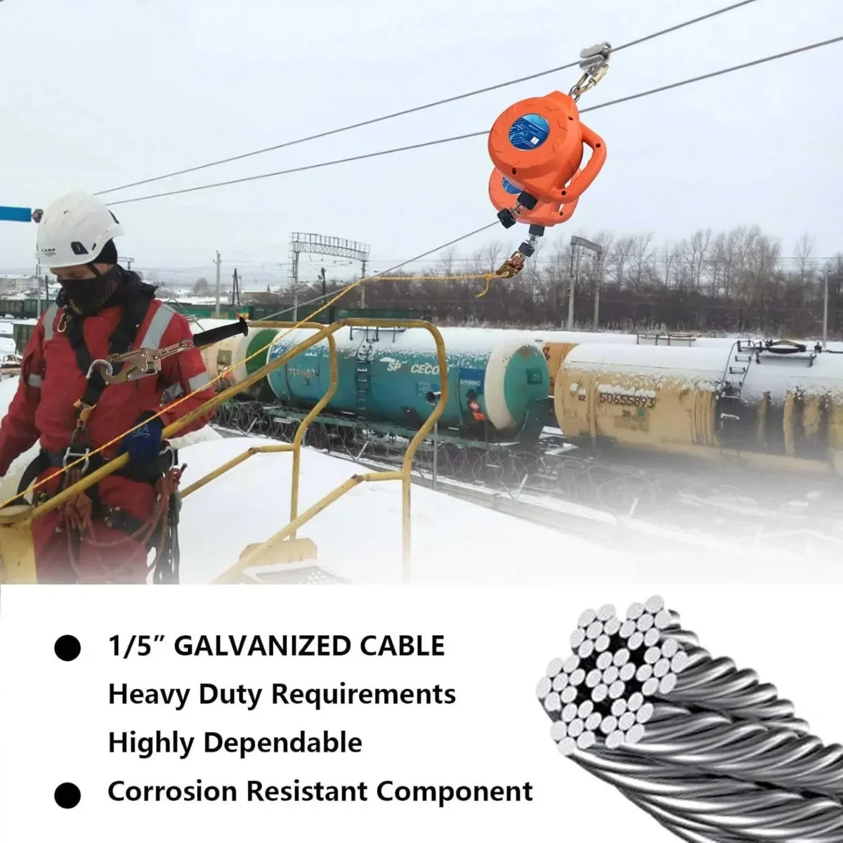 Cordón autorretráctil con cable de acero galvanizado y broche giratorio. Protección contra caídas para construcción, techos.