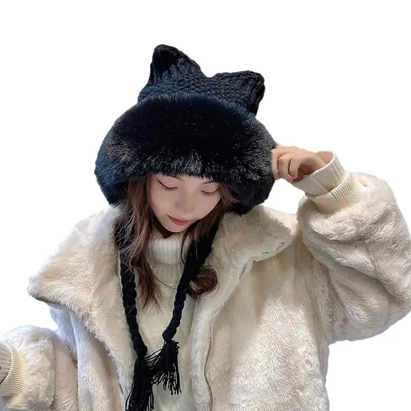 

652F Multi-colors for Cat Ear Lei Feng Hat Knitted Hat with Long Braid Beanie Hat Windproof for Daily Wear Morning Worko