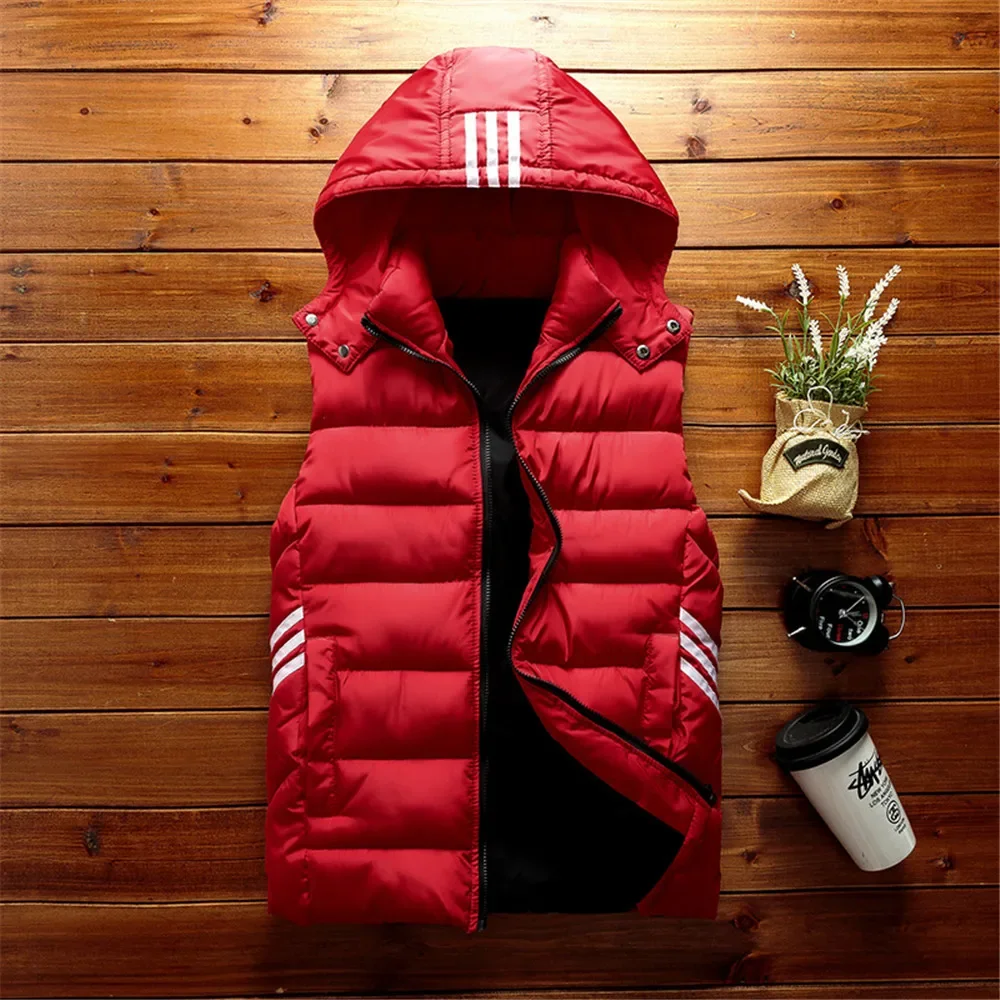 Winter Men Vest Simple Solid Thermal Sleeveless Jacket Hat Detachable Fashion Stripe Coats Windproof Thicken Unloading Waistcoat