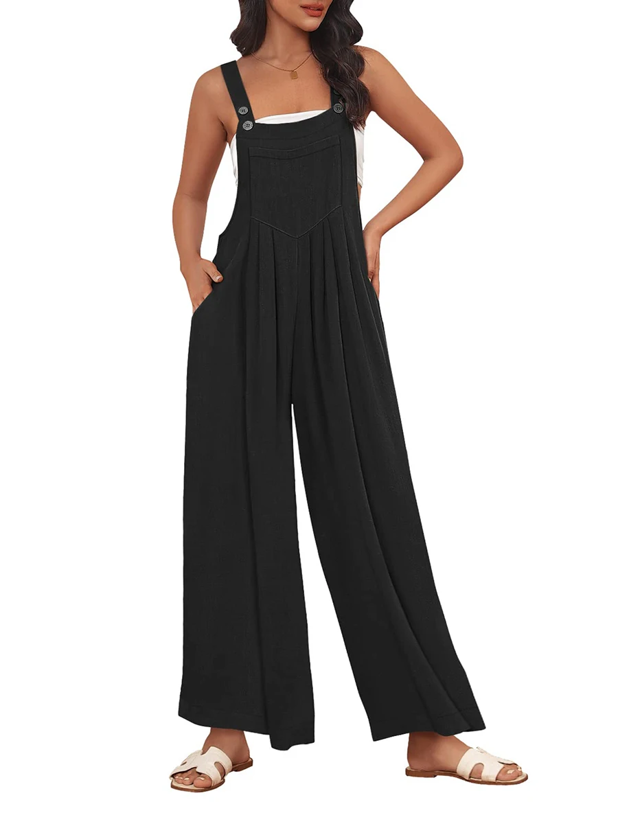 Women Casual Sleeveless Overalls Wide Leg Jumpsuit Loose Fit Summer Romper with Pockets