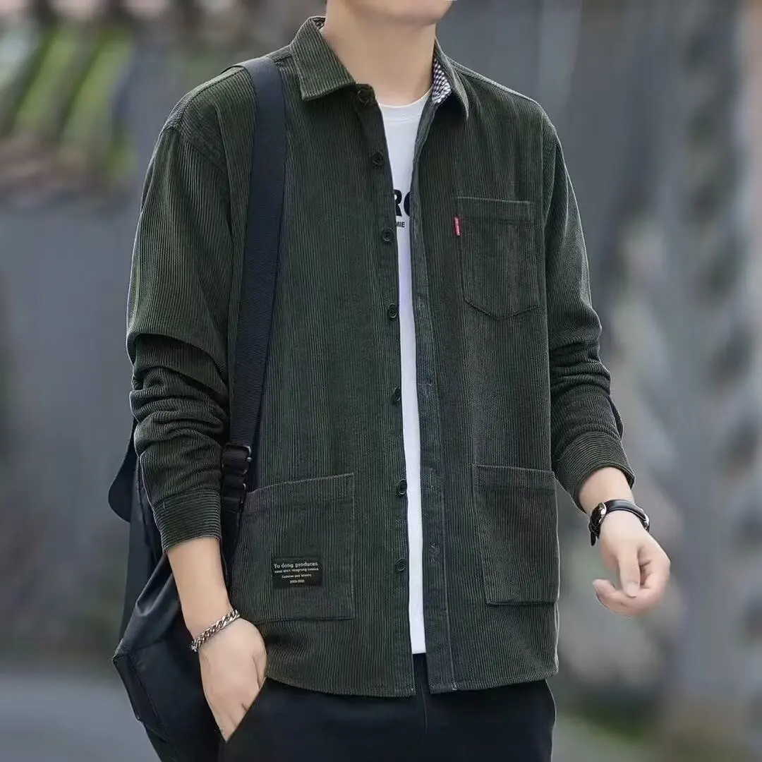 

Spring Autumn Men's irt Jaet Loose Fit Corduroy Youthful Sle Casual Wear Long Sve Polyester Blend Outerwear