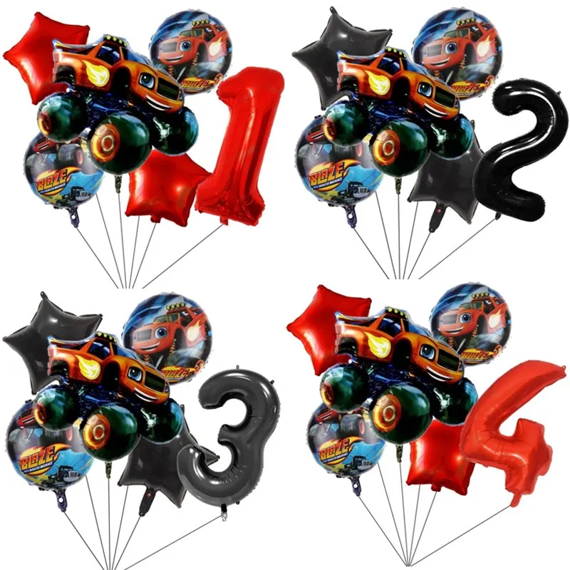 6 stücke Blaze Monster Folie Ballons Cartoon Sport Auto Anzahl Ballons Geburtstag Party Dekoration Maschinen Racing Rennwagen Kinder Spielzeug