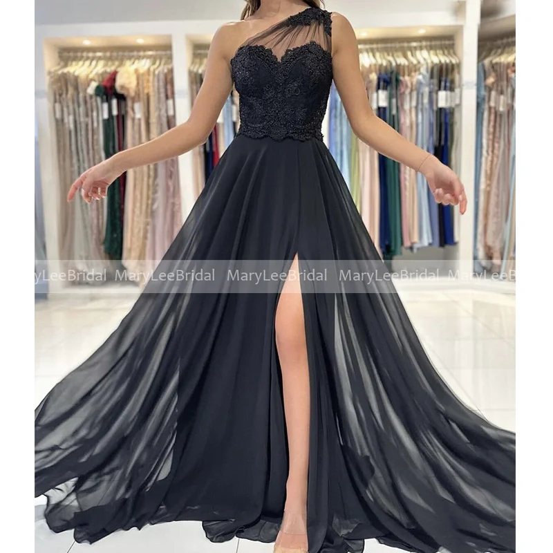 Front Slit Black Chiffon Bridesmaid Dresses with Appliques One Shoulder Summer Wedding Guest Dress Bride Maid Of Honor Gowns