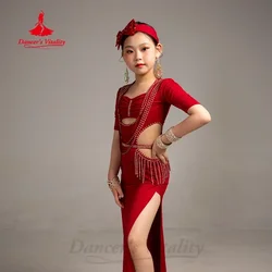 Belly Dance Practice Clothes for Children Light Luxury AB Stones Fringe Dress Girl Oriental Dance Professional Training Clothing