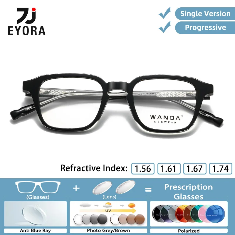 

EYORA Full Rim Acetate Square Reading glasses for men Myopia and Hyperopia Anti Blue Ray Progressive Photochromic glasses Lenses