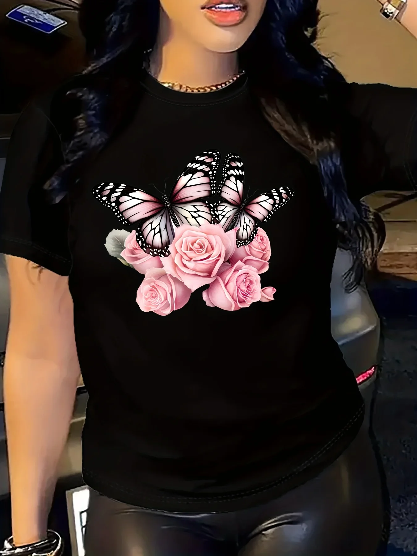 Butterfly & Roses Printed Women's T-shirt Casual Short Sleeve Tops Breathable Knit Fabric Summer Regular Length Women's Clothing