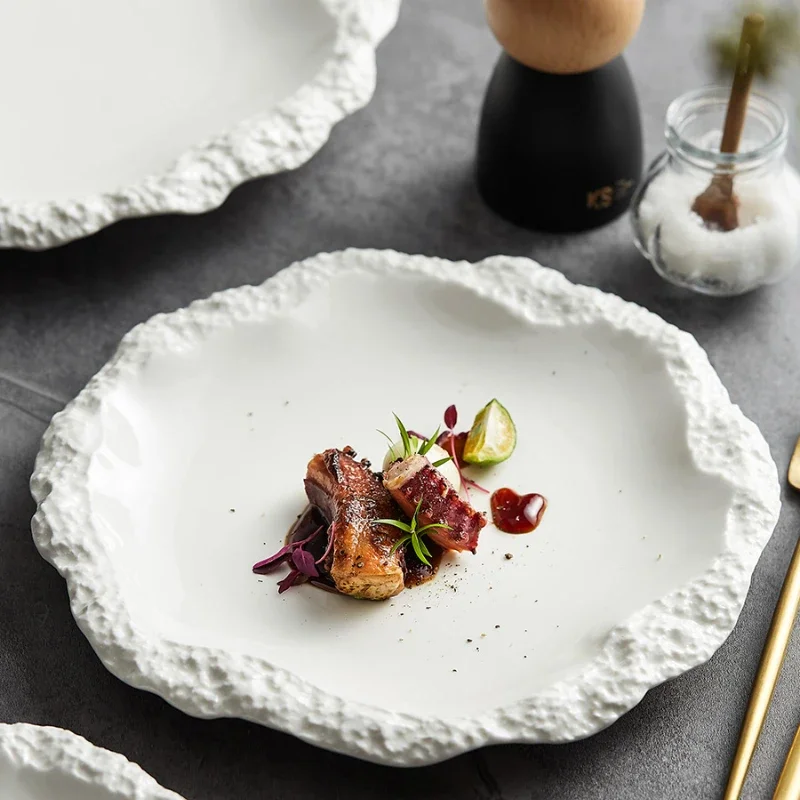 Rock Pattern Tableware Ceramic Plate White Porcelain Plates for Hotel Use