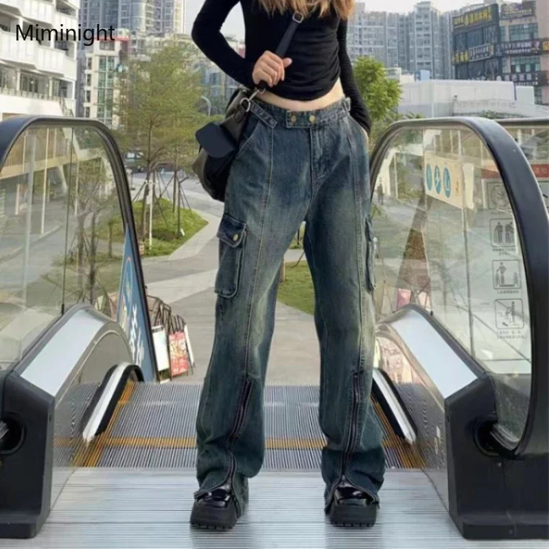 

Casual Flared Wide Leg Cargo Jeans for Women Y2k Pants High Waist Vintage Oversize Trousers Split Streetwear High Street Pants