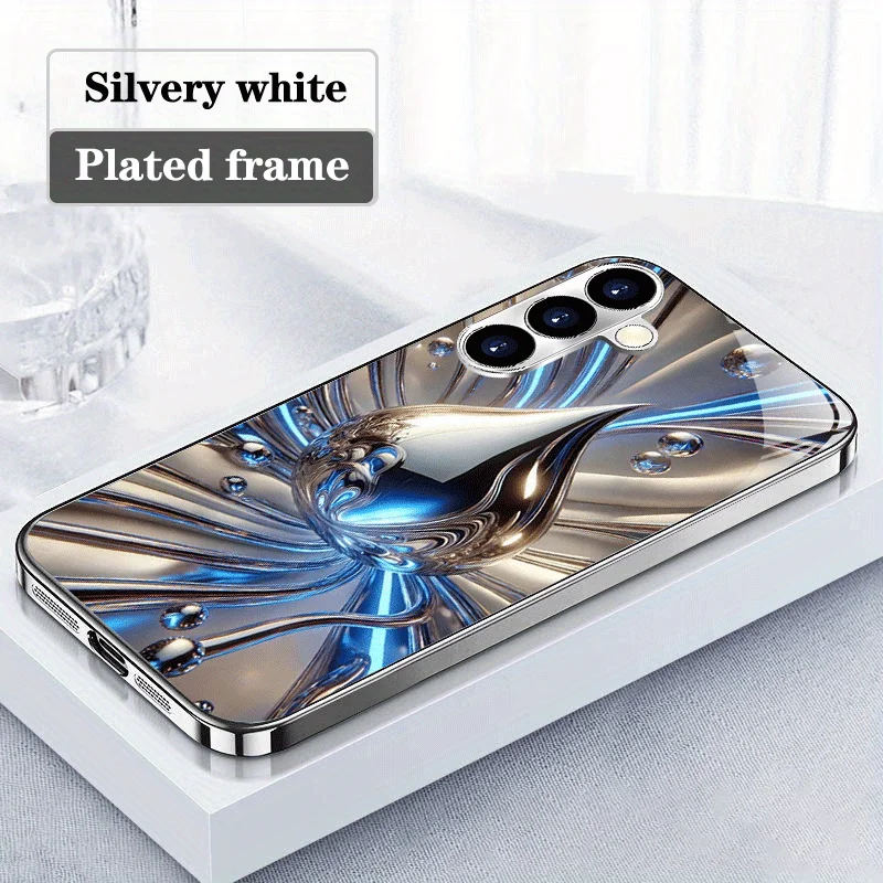Blue Silver Droplet Pattern Electroplated Glass Phone Case, suitable for Samsung S26/S25, S24/S23/S22/S21/S20, etc. models