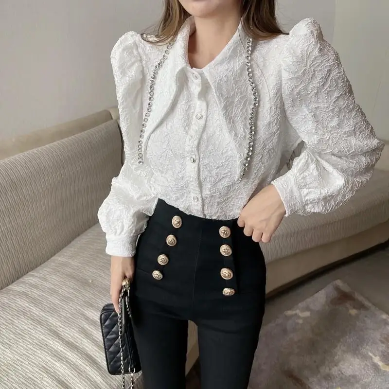 Women Vintage Beaded Chic Pointed Collar Design Button Up Shirt Autumn Fashion Office Lady White Blouse Elegant Long Sleeve Tops