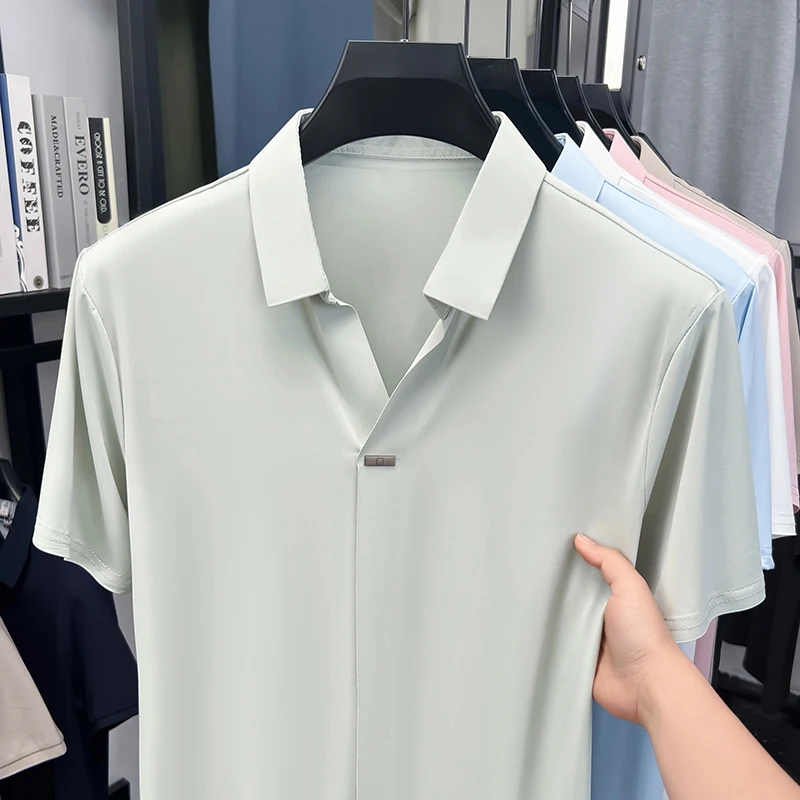 Herren Eisseide Hemd mit verdecktem Knopf, Reverskragen, Kurzarm, Slim Fit, weich, knitterfrei, atmungsaktiv, Sommer-Oberteil – Detail 13