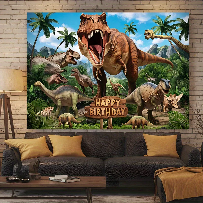 Happy Birthday Dinosaur Tapestry,Vibrant Themed Polyester Wall Decor for Kids Room, Party Backdrop Photo Prop,Festive Home Decor
