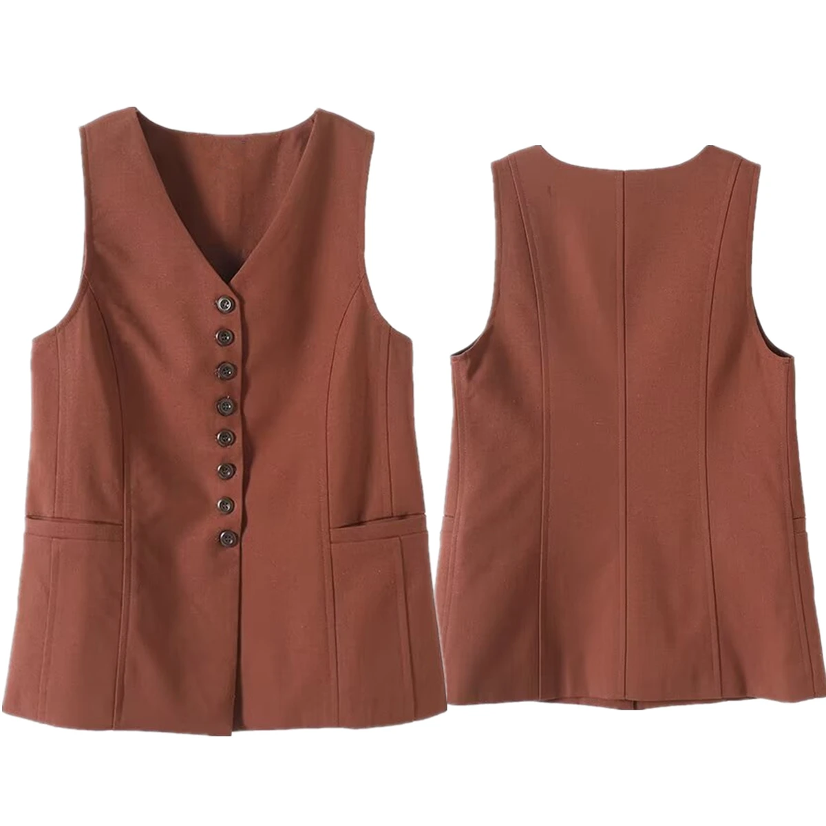 Maxdutti Minimalist Single-breasted Vest French Country Lazy Cotton And Linen Brown Vest For Women Sleeveless Suits Tank Top