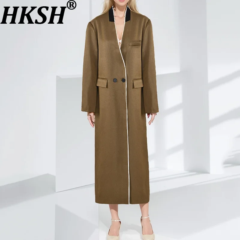 

HKSH Autumn Winter New Women Korean Long Trench Coat V-neck Contrast Color Patchwork Pockets Temperament Ins Windbreaker HK11103