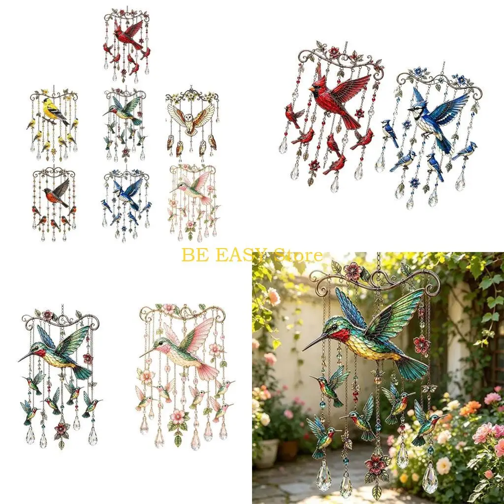 E28F Hummingbird Wind Chimes Sun Cathers Acrylic Bird Panel Hanging Piece with Flower Trim, Top Frame and Light Color for Porch