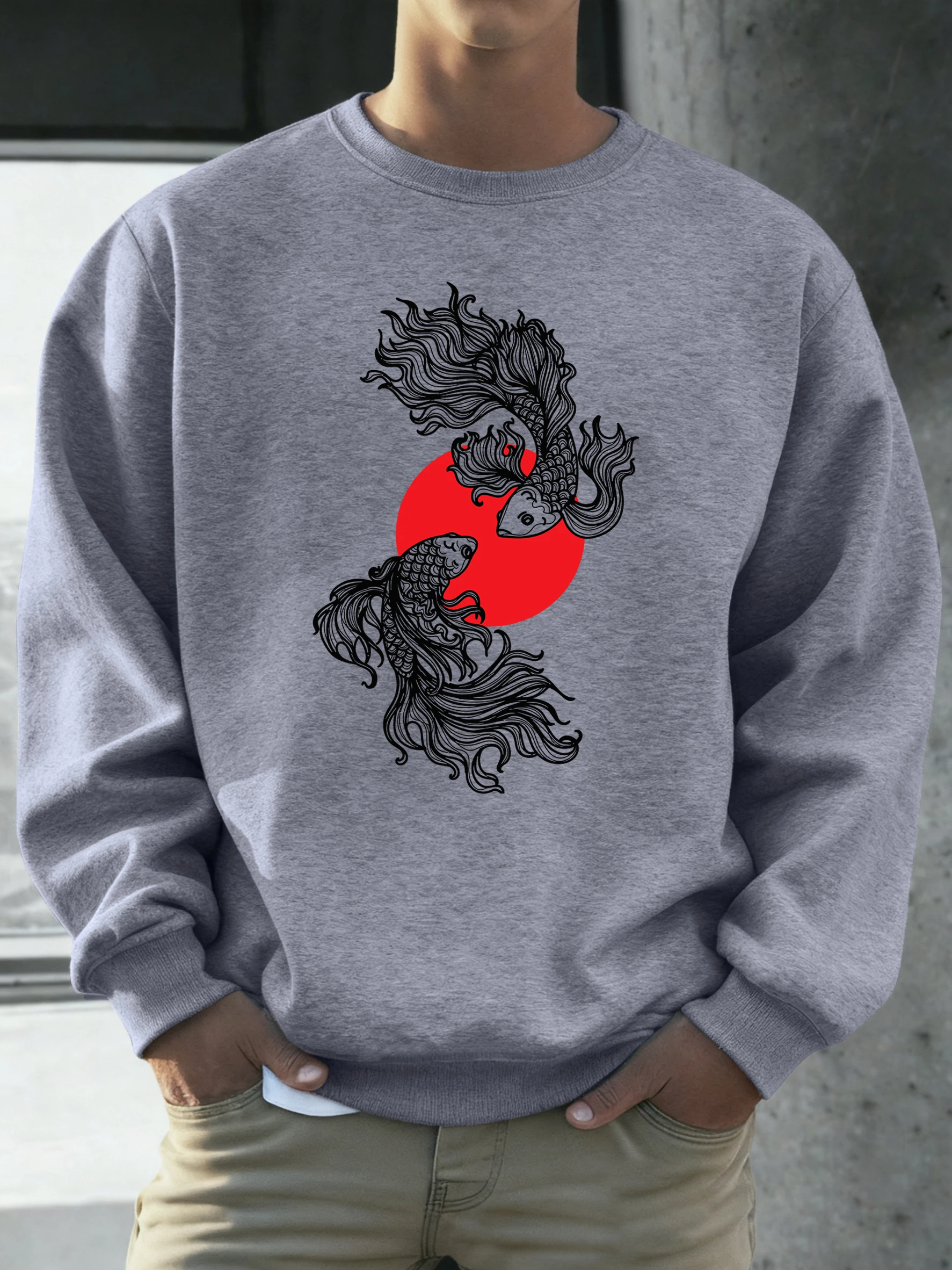 

Повседневный спортивный костюм унисекс с принтом японского карпа, повседневная уличная одежда с круглым вырезом, классические офисные толстовки, зимний теплый пуловер