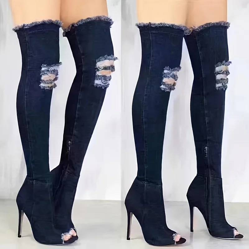 Women\'s Denim Thigh High Boots Stylish & Sexy Open Toe Stiletto Heels Ripped Boots