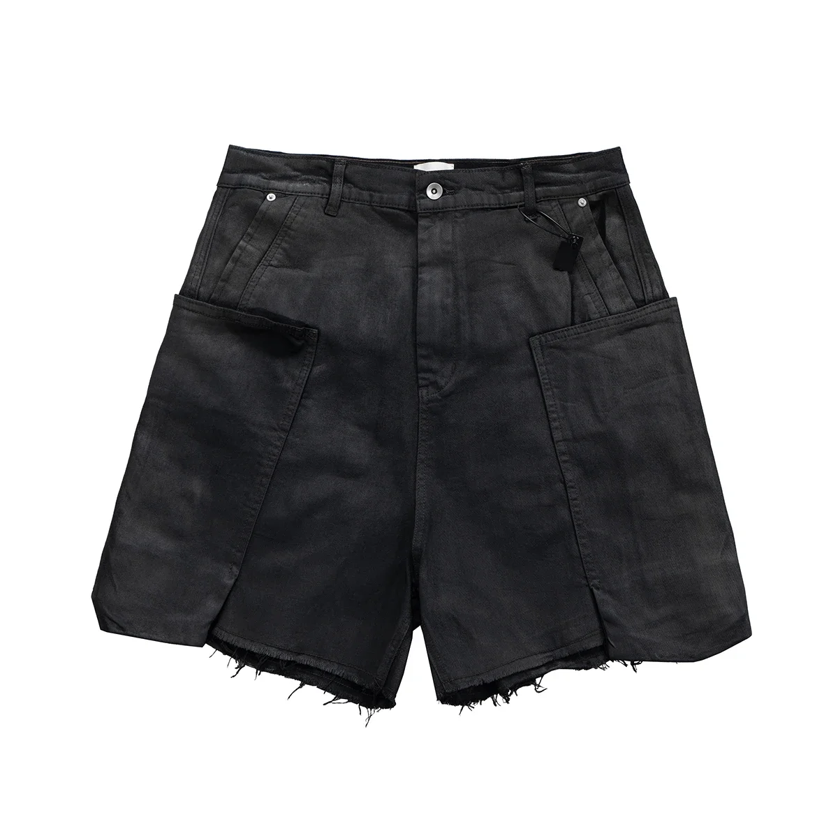 شورت جينز صيفي جديد مطلي بالشمع من Streetwear مع حواف خشنة للرجال جينز فضفاض أسود متوتر كبير الحجم فضفاض قصير