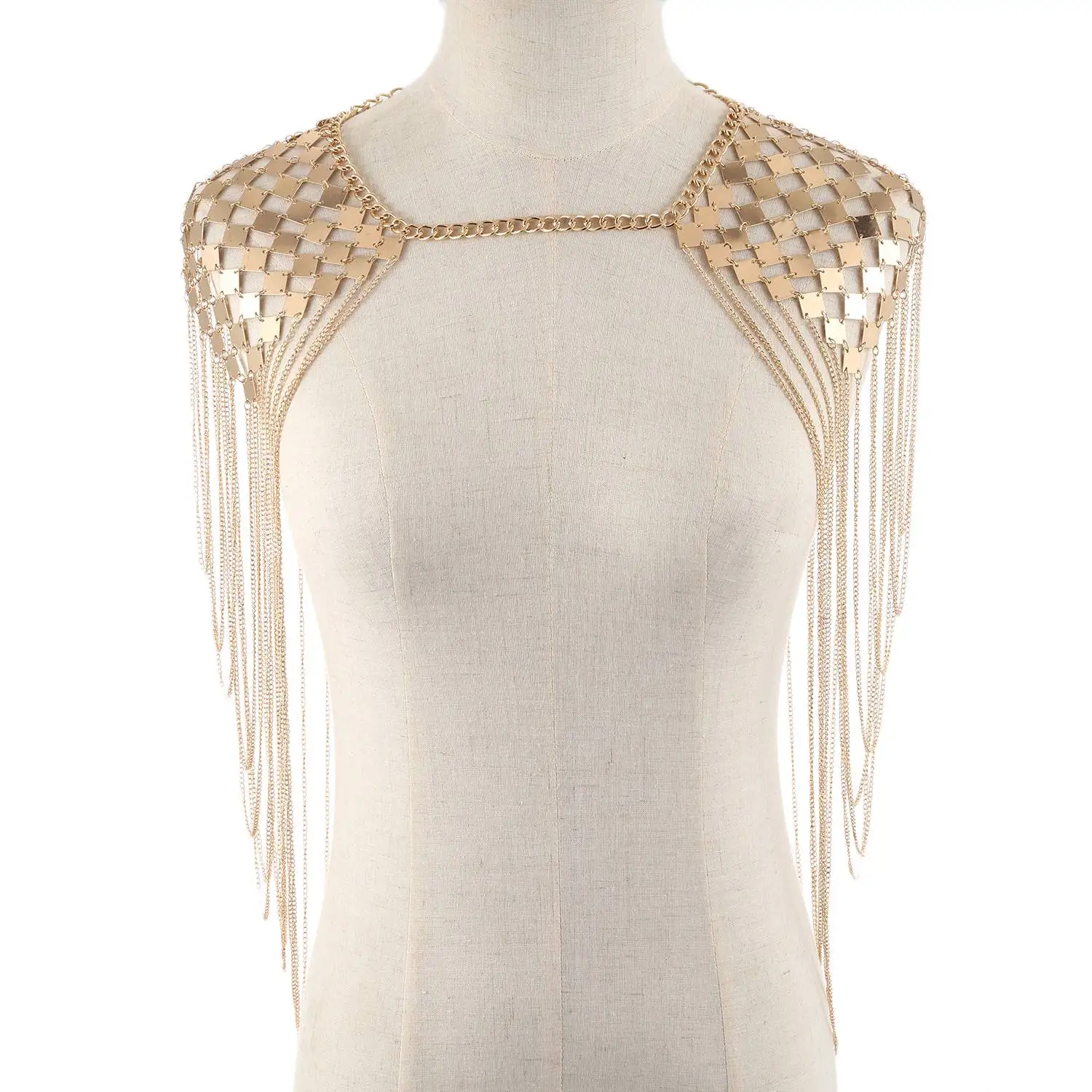 Vintage Punk Harness Bikini Body Link Epaulet Shoulder Chain Necklace Collar Dangling Tassel gold-A51M