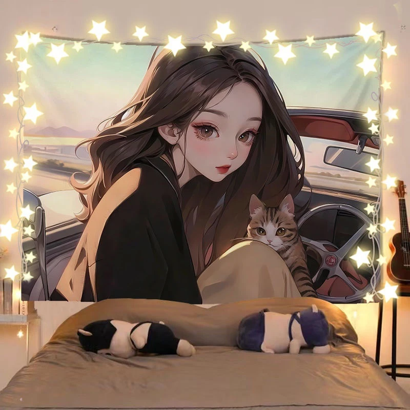 VIKAMA Anime Girl Black Cat Wall Tapestry, Polyester Hanging Cloth for Girls Bedroom Dorm Room Apartment Home Room Decor