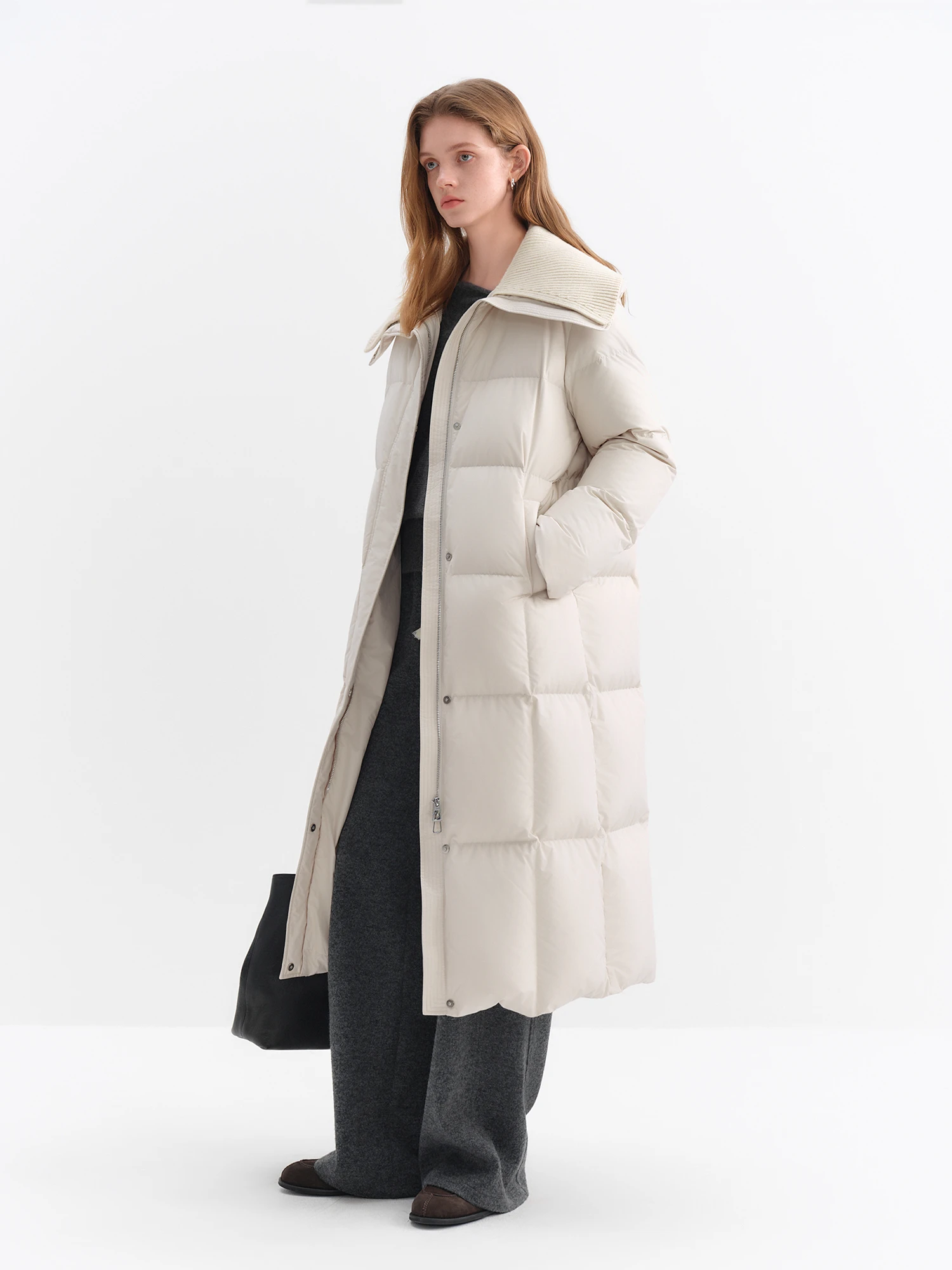 ​ FSLE 2025, langer Daunenmantel für Damen, gestrickt, Reverskragen, schlichtes H-Linien-Design, wärmeisolierte Oberbekleidung für lässige Wärme