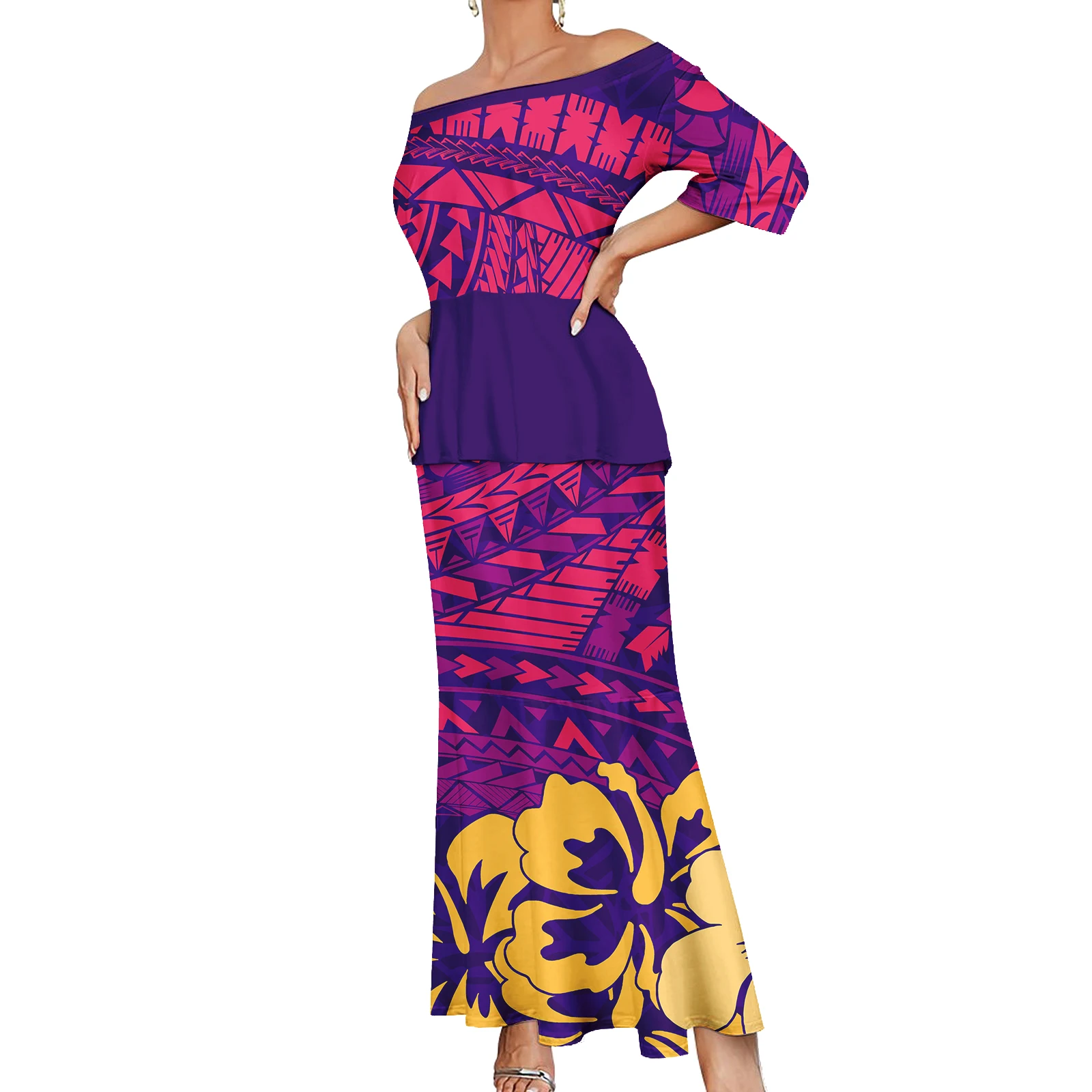 Latest Polynesian Tribal clothing Off Shoulder Samoan Puletasi Dresses For Women Custom Print evening party puletasi samoa set