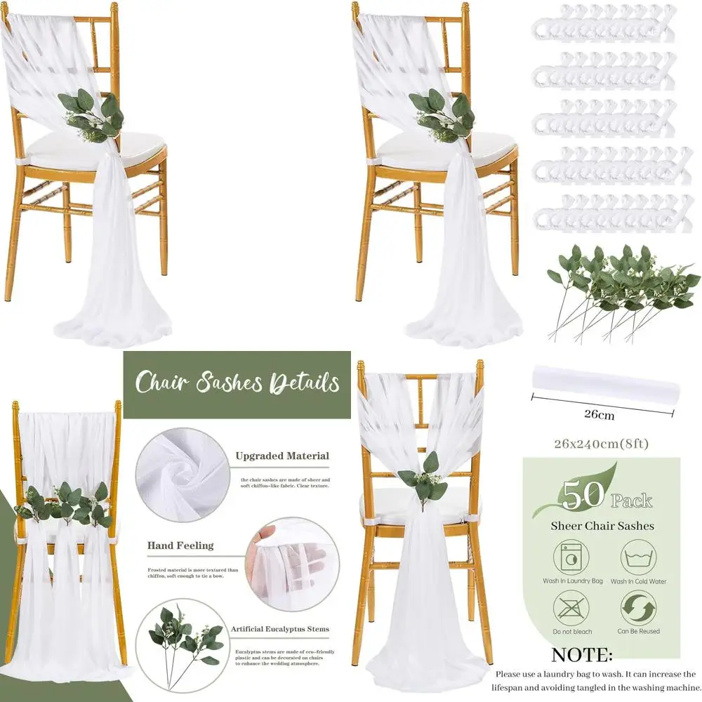 

50 Pack Tulle Chair Sashes with Sheer Bows for Wedding Ceremony and Banquet Chairs, Suitable for Indoor and Outdoor Events