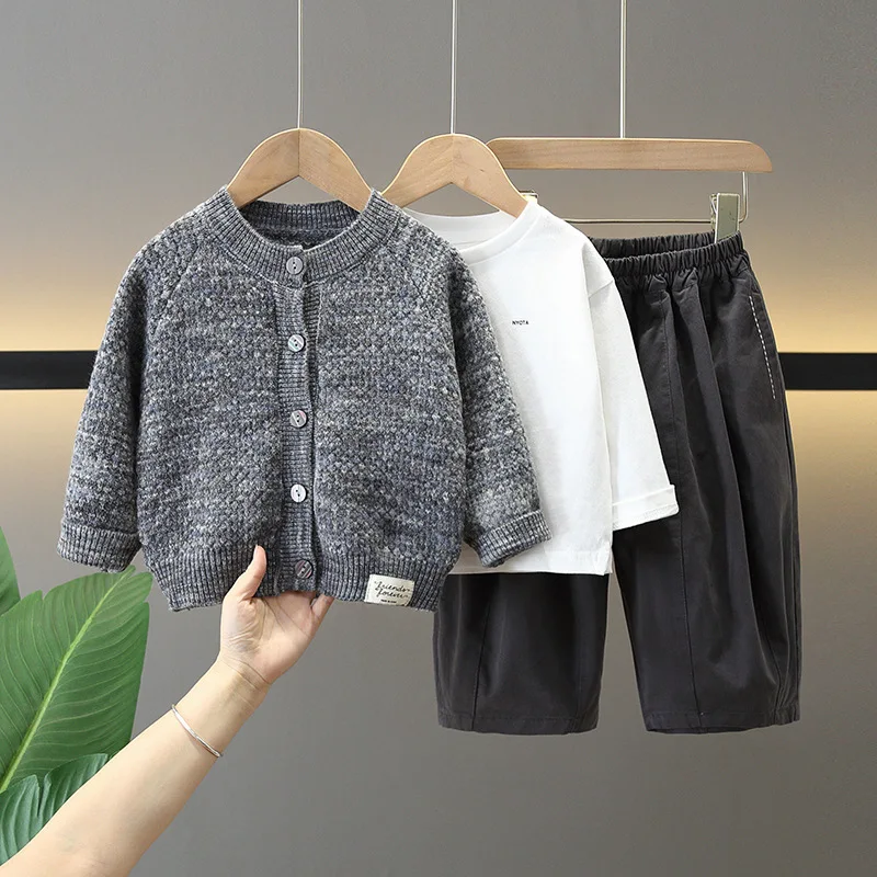 

2026 Autumn New White Cotton T-shirt and Elastic Waisted Cotton Sweatpants and Cardigan Three Piece Set