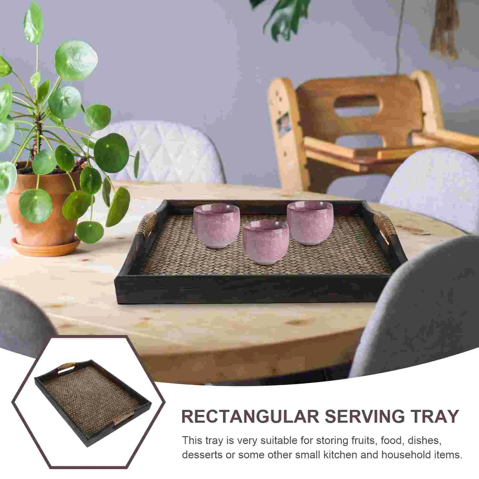 Thai Rattan Tray Wood Serving Bread for Eating Fruit Dish Household Dessert Decorative Food Tea Room