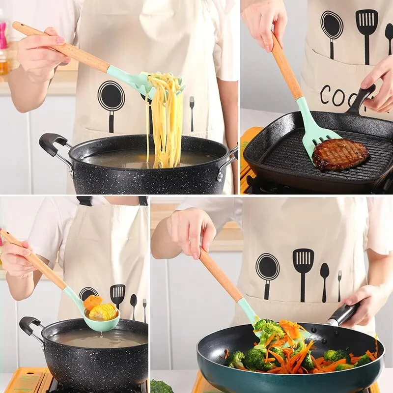 12Pcs/Set Wooden Handle Silicone Kitchen Utensils With Storage Bucket High Temperature Resistant And Non Stick Pot Spatula Spoon image 4