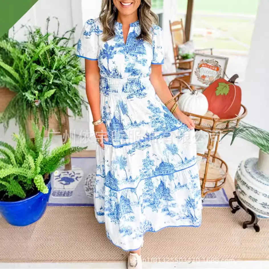 Abito lungo da donna estivo nuovo stile alla moda ed elegante stampa floreale girocollo comodo abito rinfrescante a maniche corte