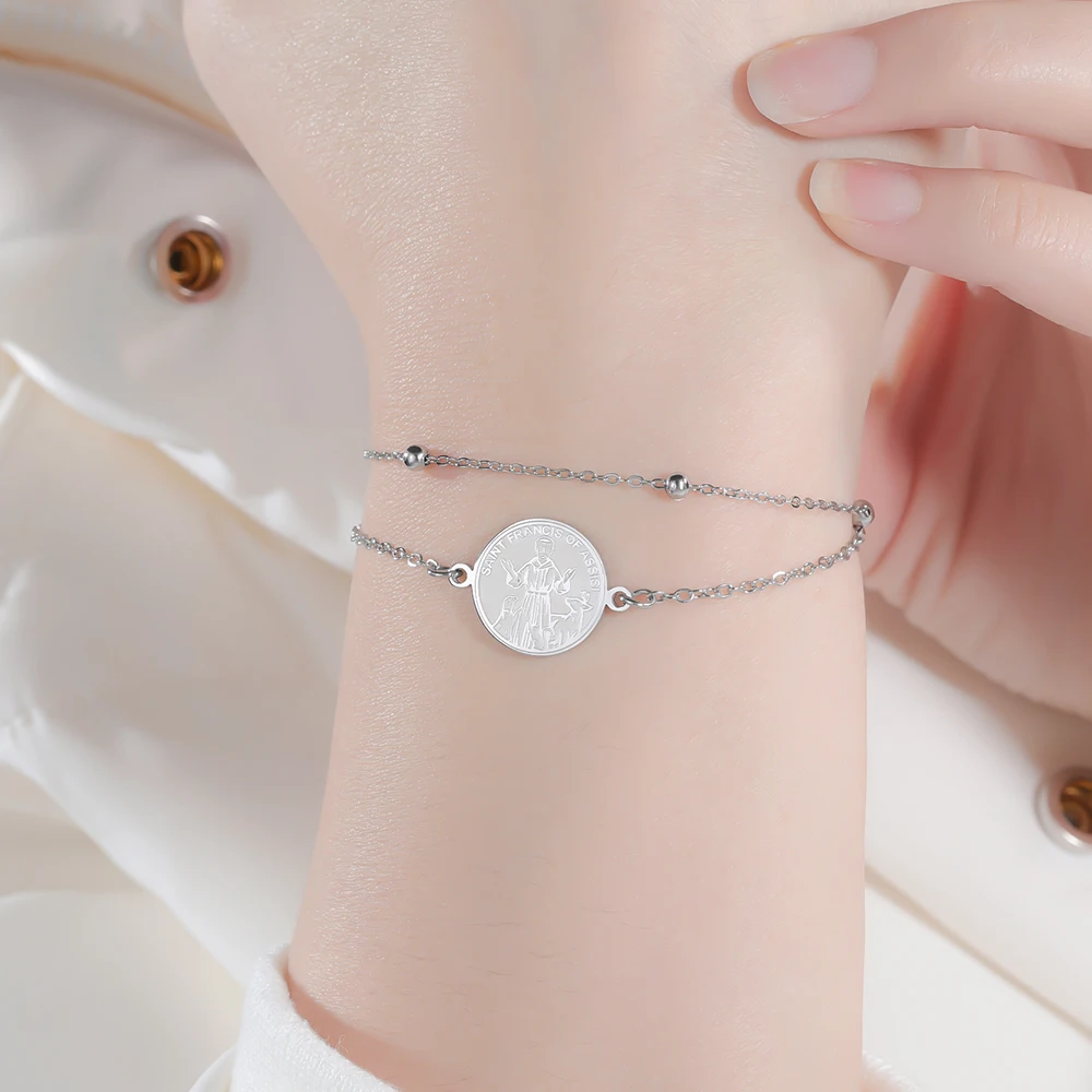 داوابارا سانت فرانسيس أوف أسيسيى عملة سوار الكاثوليكية راعي الحيوان الدعوة الهدايا الفولاذ المقاوم للصدأ سحر المجوهرات الدينية