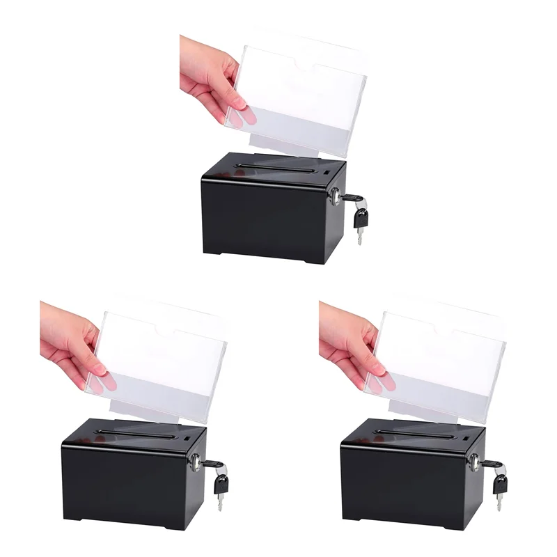 3CGRO-3X Donation Box With Lock - Acrylic Suggestion Box With Slot, Ballot Lock Box With Sign Holder For Raffle, Voting Black