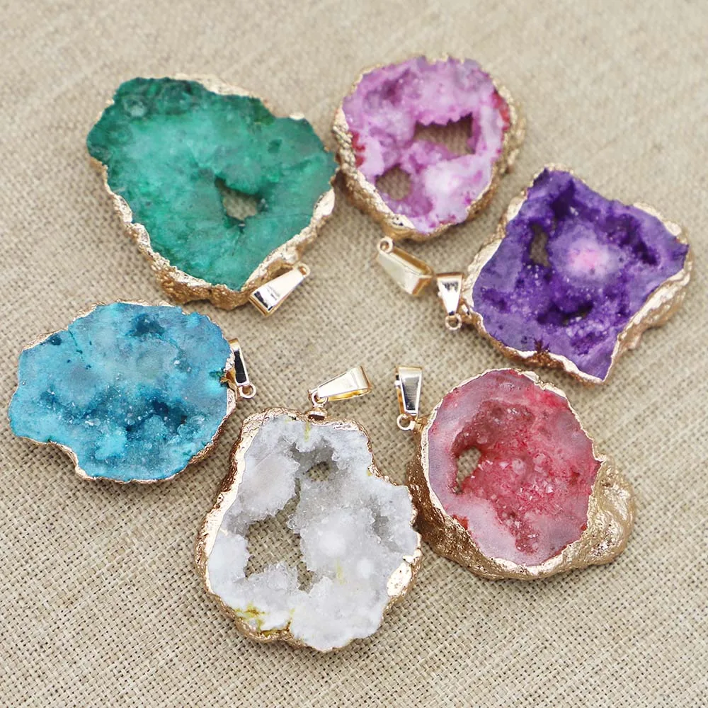 Natural Agates Raw Stone Slice Pendant Necklace Crystal Plating Phnom Penh Irregular Druzy Geode Charms Jewelry Making Gift 8Pcs