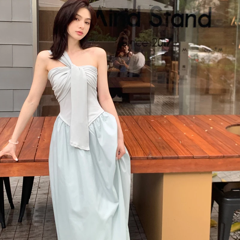 2024 Summer Vintage Elegant Sexy Dress Temperament Noble Oblique Shoulder A Variety Of Wearing Long Knitted Dress Women