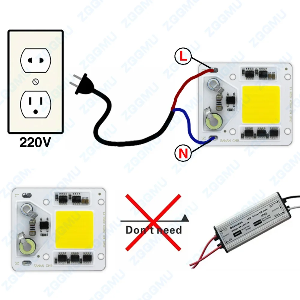 LED COB 50W AC 220V White Red Blue Green Yellow Pink Purple Smart IC High Power Driver IC Lamp Bead Floodlight LED Chip