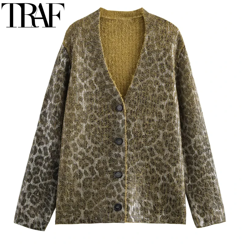 TRAF Cardigan Outerwears Animal Print Knitted Cardigan For Women Vintage Foil Long Sleeve Sweaters Autumn V Neck Button Jacket