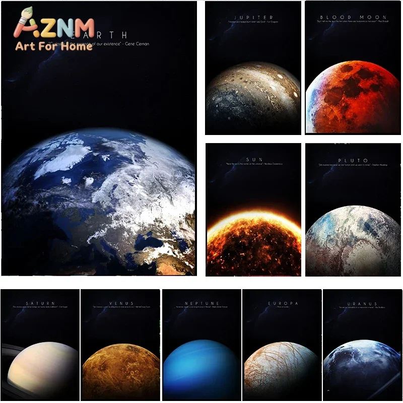 AZNM Solar System Planet Canvas Wall Art Print Earth Jupiter Saturn Space Galaxy Poster Unframed Canvas Painting for Bedroom Stu