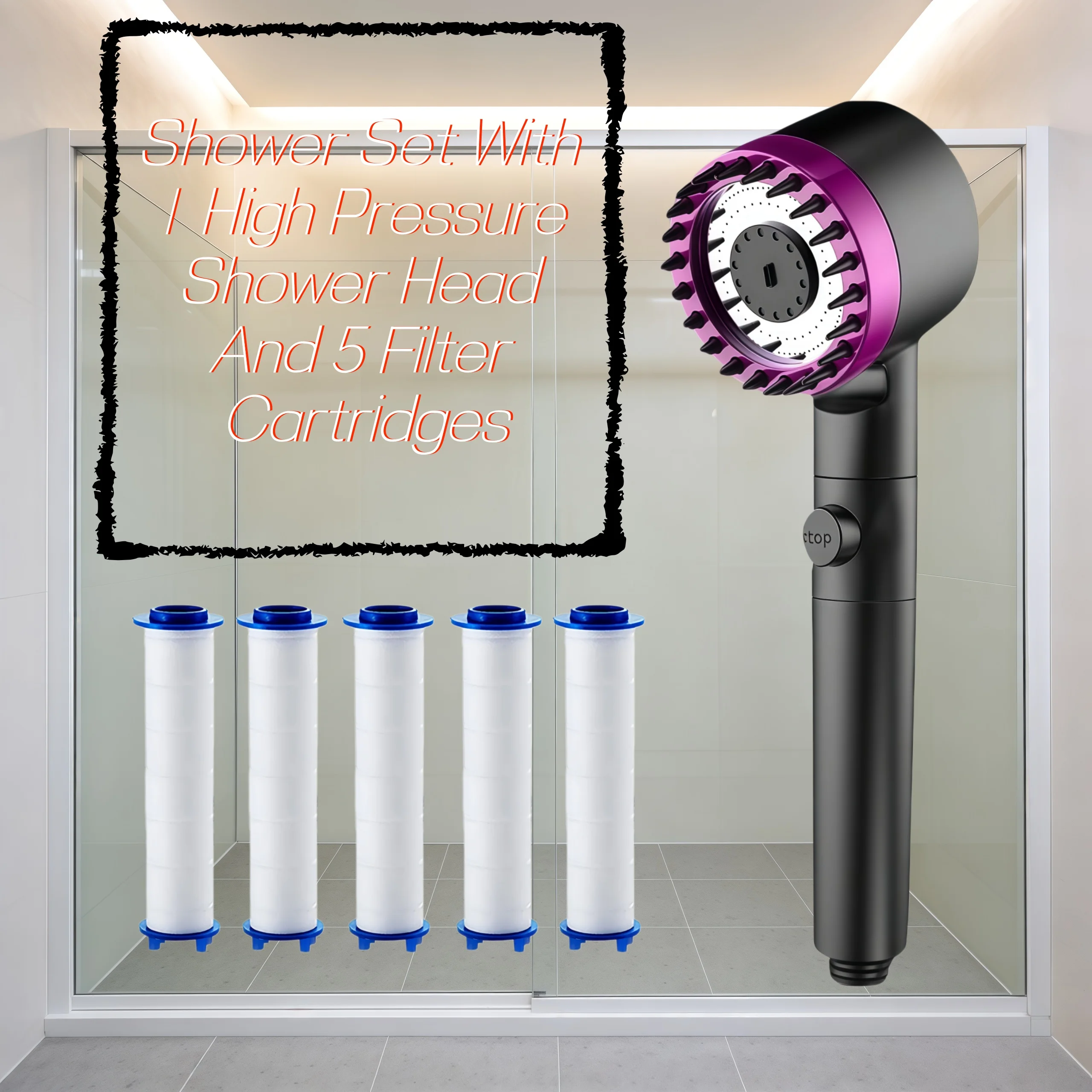 

Набор из 6 черных и фиолетовых насадок для душа с высоким давлением и экономией воды, 3 режима, регулируемая подача воды одной кнопкой, для жесткой воды, с 5 фильтрами