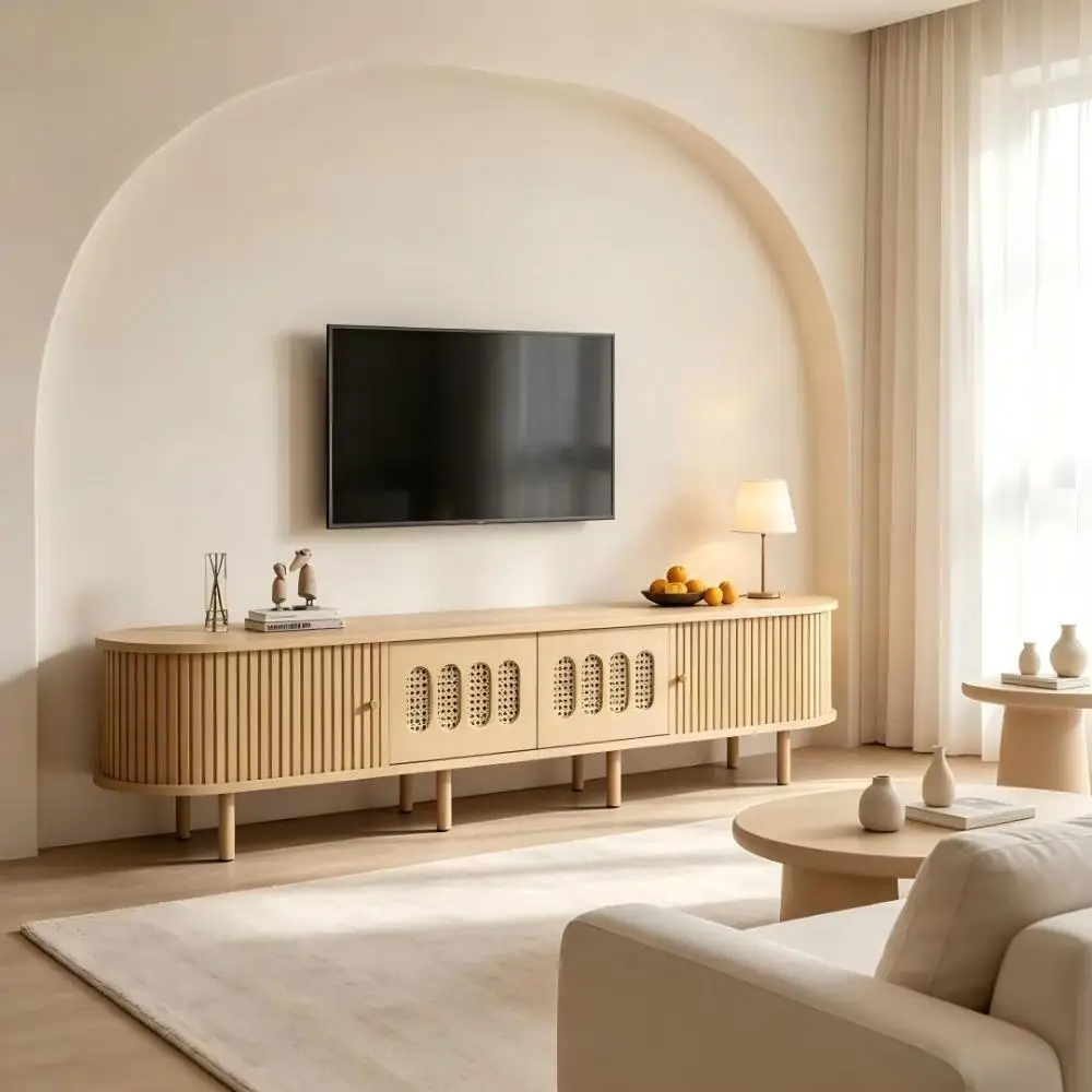 Nordischer Stil Rattan-Geflecht Ovales TV-Lowboard 180×40×40cm, Freistehende TV-Medieneinheit mit 2 geschlossenen Türen und 2 Schiebetüren, Robuster Aufbewahrungsschrank für das Wohnzimmer.