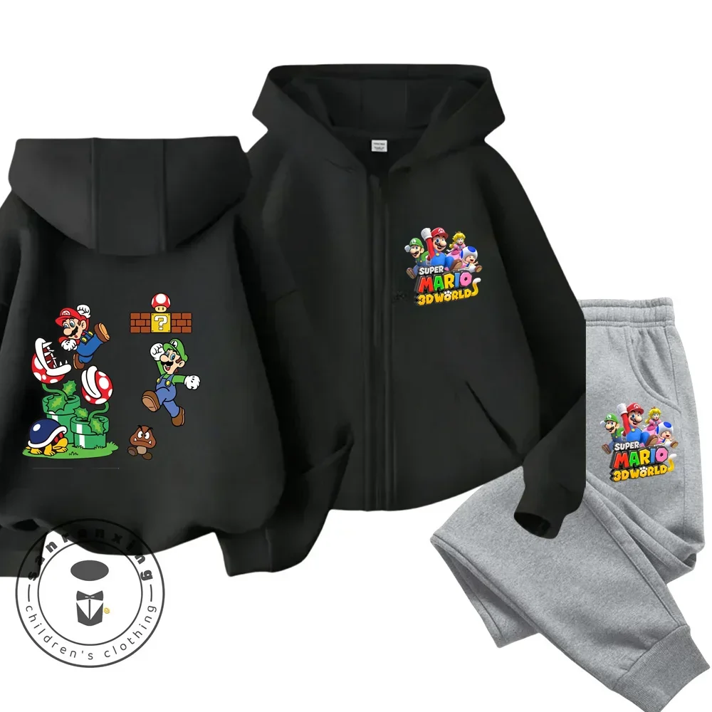 سوبر ماريوس قلنسوة بسحاب مجموعة للفتيات الملابس هوديي السراويل قطعتين الفتيان البلوز دعوى 2-13 سنة الأطفال هوديس #5