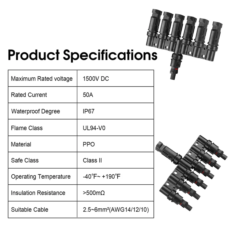 2 Pair 6 To 1 T Branch Connector Solar Panel Connectors Cable Splitter Coupler Solar Cable Connectors for RV