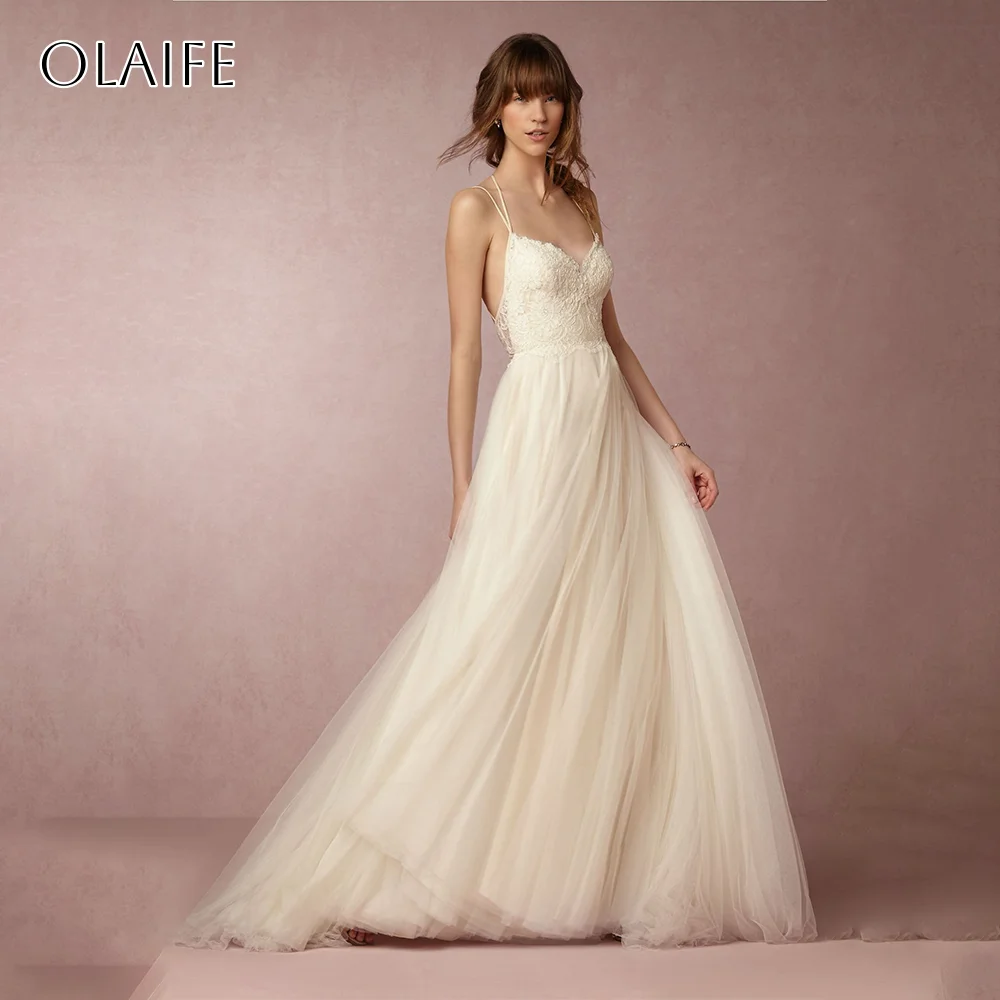 Spaghetti Straps A-line Lace Wedding Gowns for Bride Criss-cross Sleeveless Pleated Floor Length Customized vestidos de novia