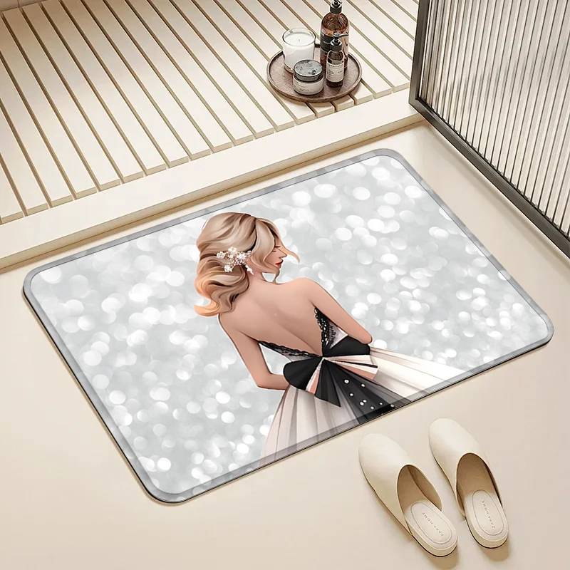 

Black White Gown Girl Print Door Mat Non-Slip Absorbent Floor Rug for Home Bathroom Kitchen Decor